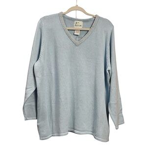 NWT QVC Quackers Factory Light Blue Sweater w/Rhinestone Neck Detail Size 1X